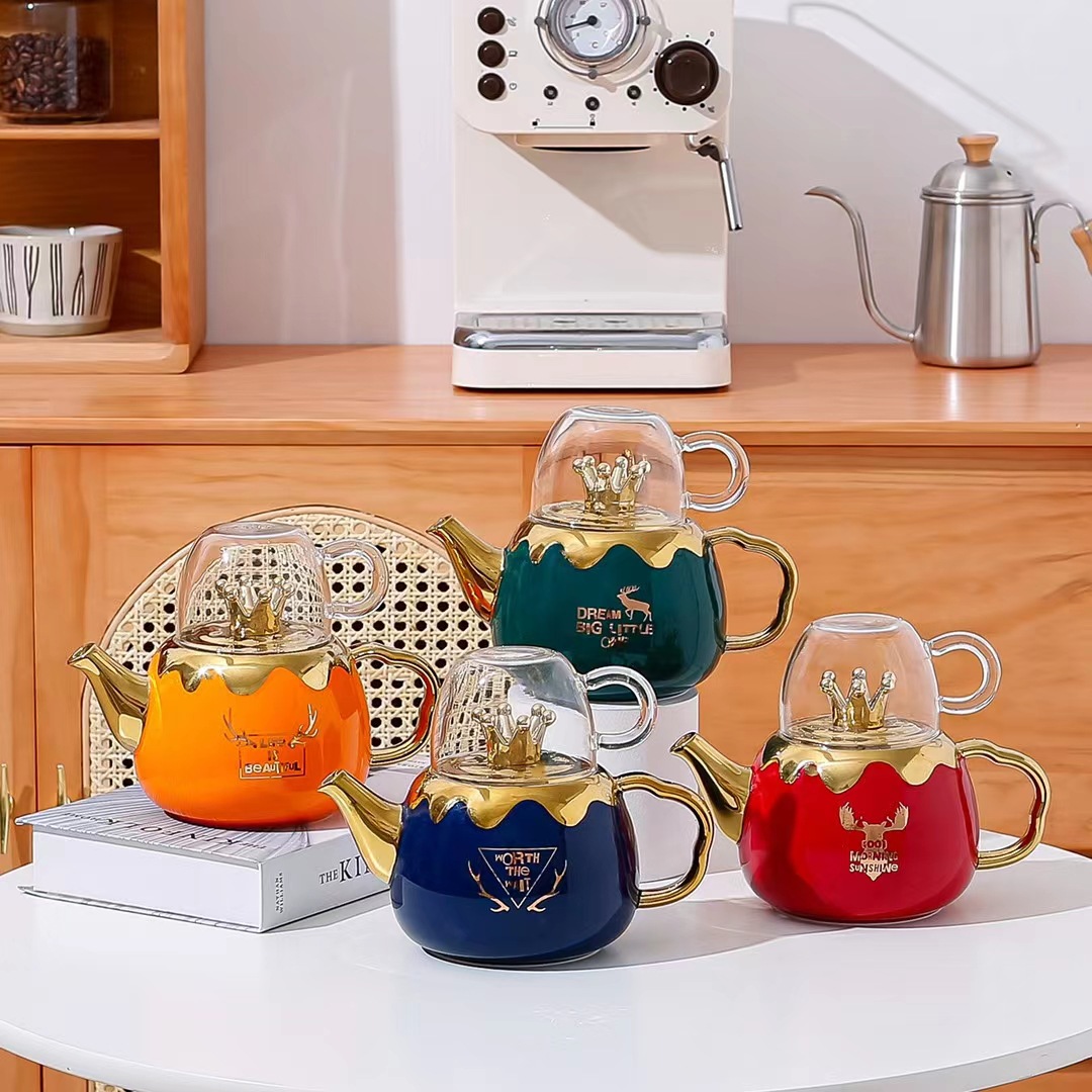 Creativo chapado en oro Estilo nórdico botella de agua fría taza combinación traje corona alces flor té agua conjunto con mano regalo taza de agua