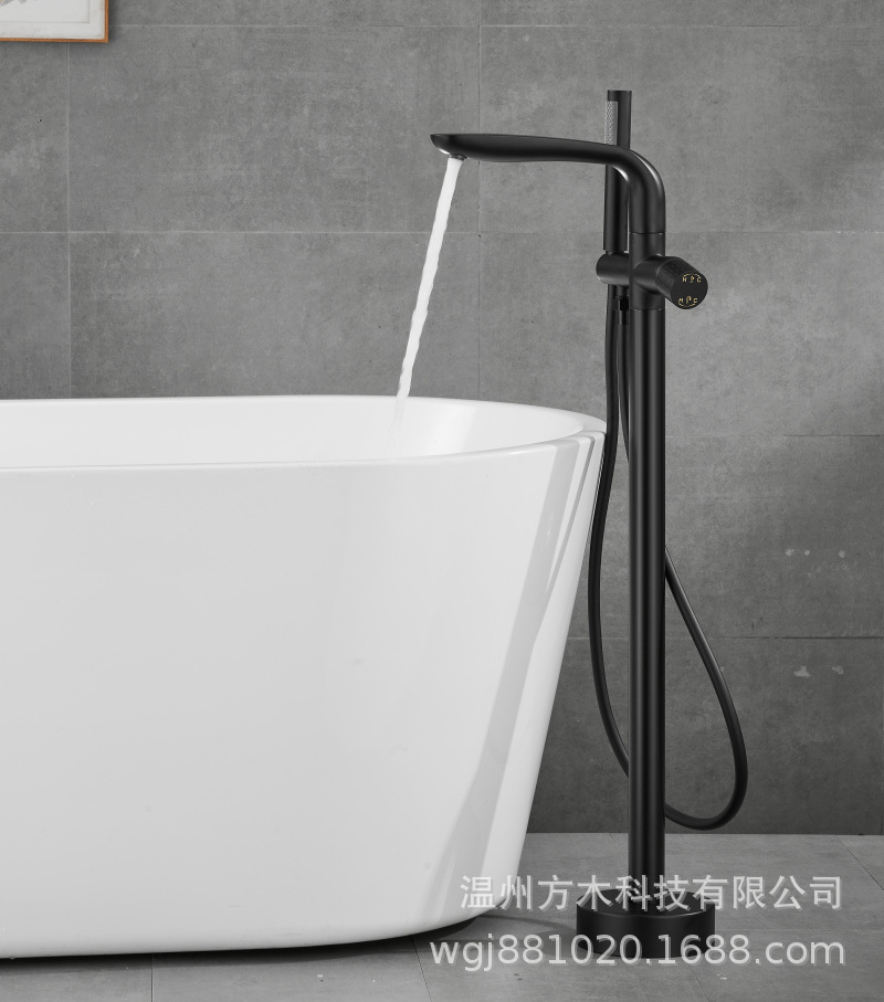 Black chrome-plated brushed gold gun gray floor-standing single-handle double-control ceramic valve core hot and cold water faucet, wooden bucket bathtub, showerhead undefined