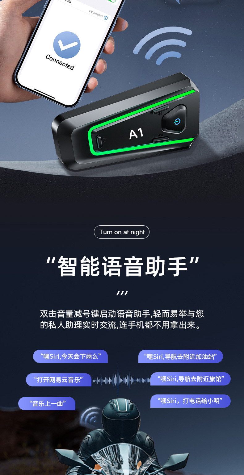 Cross-Border New Model A1 Helmet Bluetooth Headset, Bluetooth Wireless Helmet Headset, Motorcycle Helmet Headset