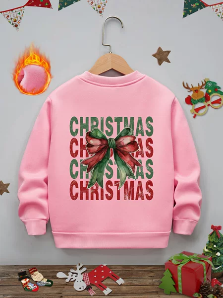 Cross-border Girls' Autumn and Winter Long-sleeved fleece-lined Sweat Christmas Bow Printed Casual Thickened Warm Round Neck Children's Wear