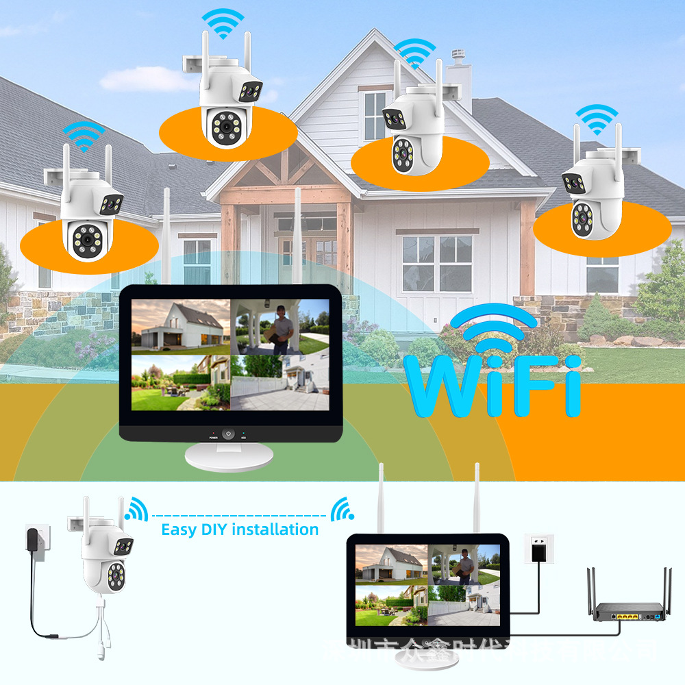 Ekranlı 12 inç yüksek çözünürlüklü kablosuz izleme seti, iç ve dış mekan 4 milyon çift lensli WIFI gözetleme kamerası komple set
