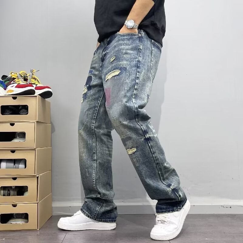 High-end Retro Ripped Jeans Men's Trendy Brand Personalized Scratched Patch Embroidery Slim Straight Pants Men's Spring And Autumn_mkmklike.com