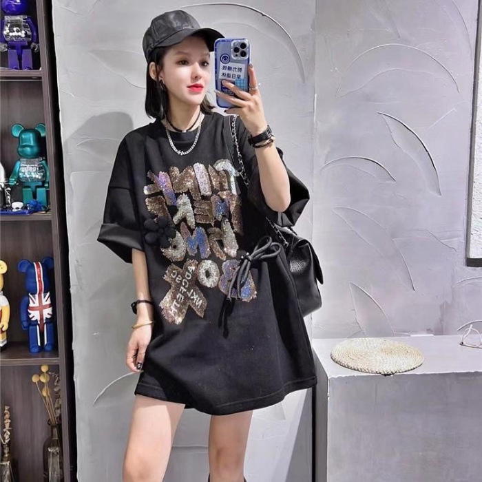 Gran tamaño de ropa de mujer grasa mm2 - 300 kg industria pesada caliente perforación media y larga camiseta de manga corta de moda de mujer nueva camiseta de manga corta falda