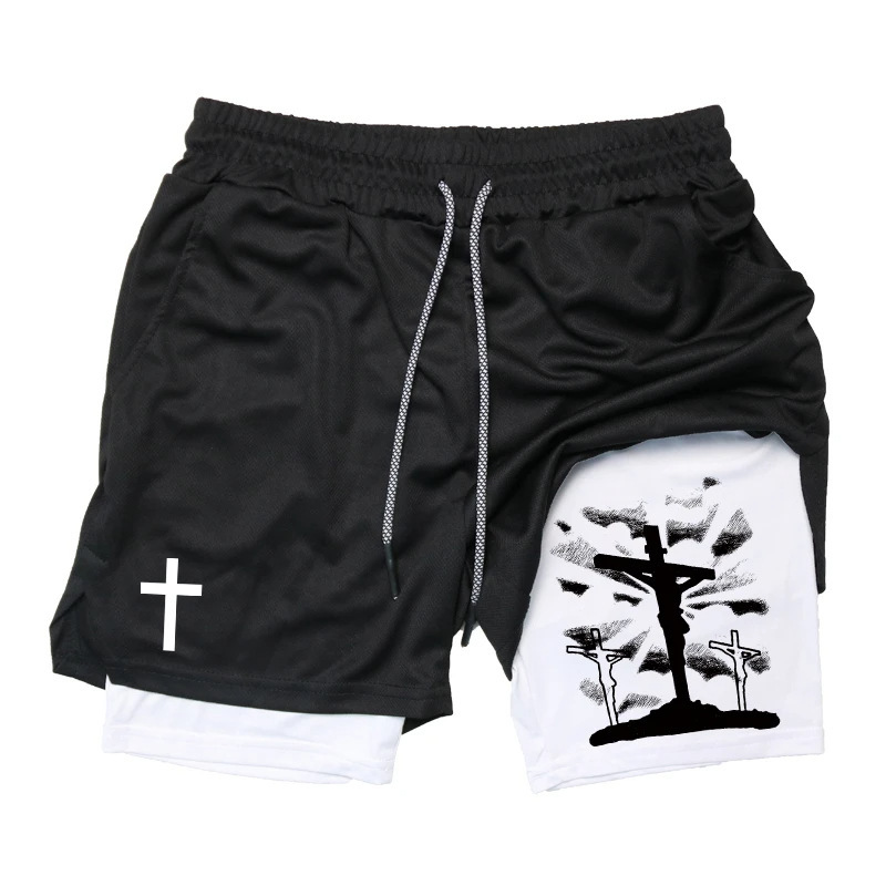 Printed 2-in-1 Men's Running Sports Shorts Christian Gym Sports Performance Shorts with Mobile Phone