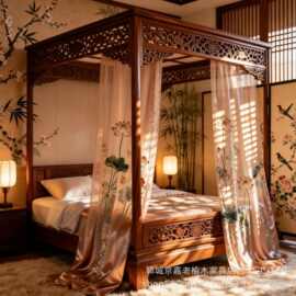 老榆木架子床雕花古典拔步床实木仿古婚床卧室四柱实木床公主床