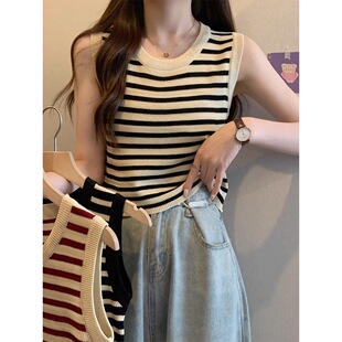 Fat mm Large Size Stripesd Camisole Women's Summer Slimming Look Outer Wear Inner Wear Sleeveless Knitted Casual Top