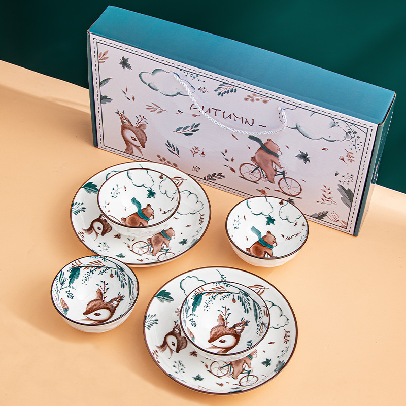 LOGO Bear and Deer Ceramic Bowl, Chopsticks, Plate, Souvenir Gift, Tableware, Rice Bowl, Dinnerware Set, Complete Gift Set, Promotional Gift