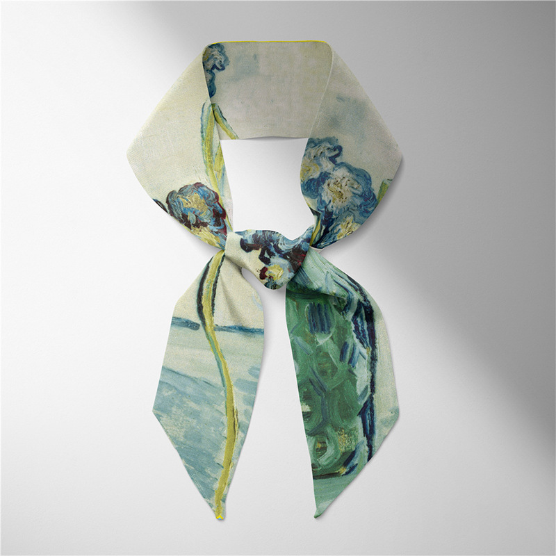 Verano larga pequeña bufanda de seda femenina Van Gogh campo de trigo cielo estrellado pintura al óleo delgada estrecha larga pequeña bufanda de seda corbata de pelo decoración femenina