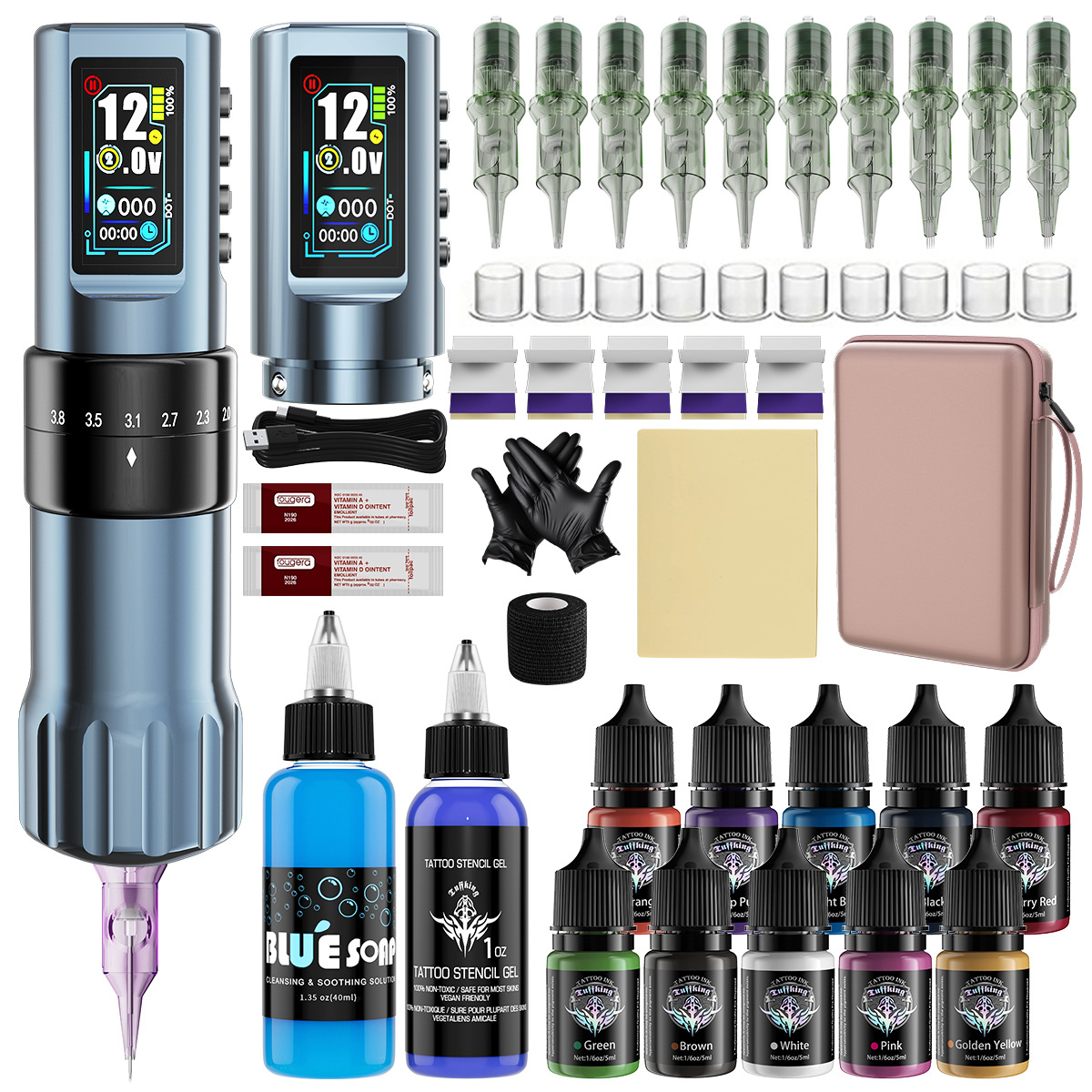 Máquina de tatuaje de doble batería ajustable, conjunto de taza hueca, motor de alimentación inalámbrica, pluma de tatuaje, herramienta de corte de alambre para tatuajes