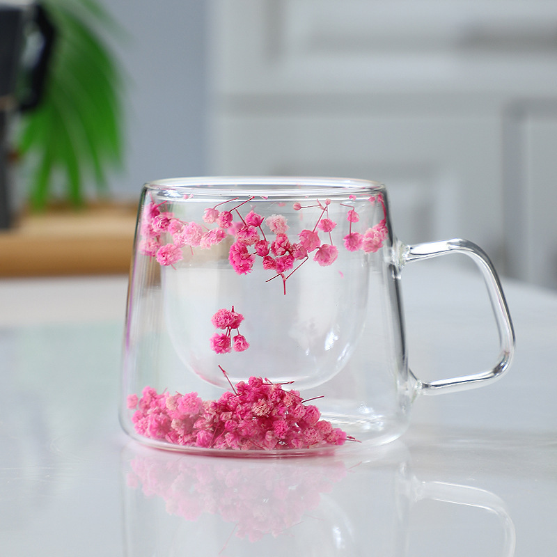 Cross-border Packaging: Trendy Real-flower Glass Cup, High-appearance Coffee Cup Handle, Double-layer Mug With Dried_voghion.com