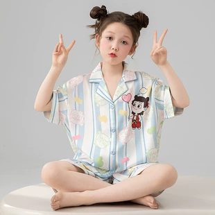 Пижама для девочек из ледяного шёлка тонкая с шортами лето
