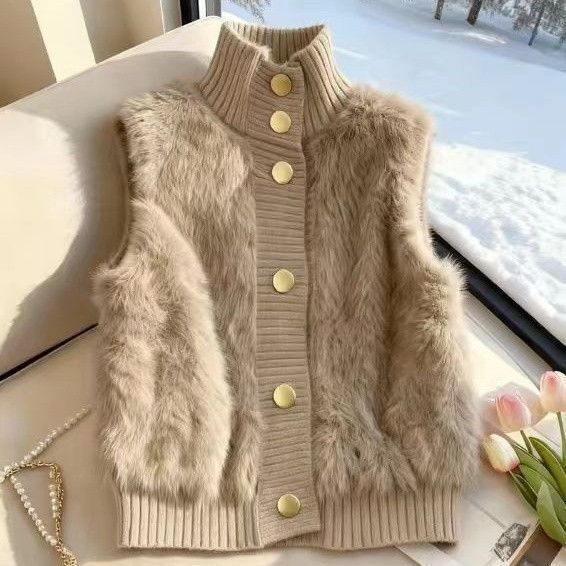Mink fur stand-up collar stylish vest, new autumn/winter 2026 collection, patchwork design, loose fit, women's sleeveless outerwear, popular style Mink fur stand-up collar stylish vest, new autumn/winter 2026 collection, patchwork design, loose fit, women's sleeveless outerwear, popular style
