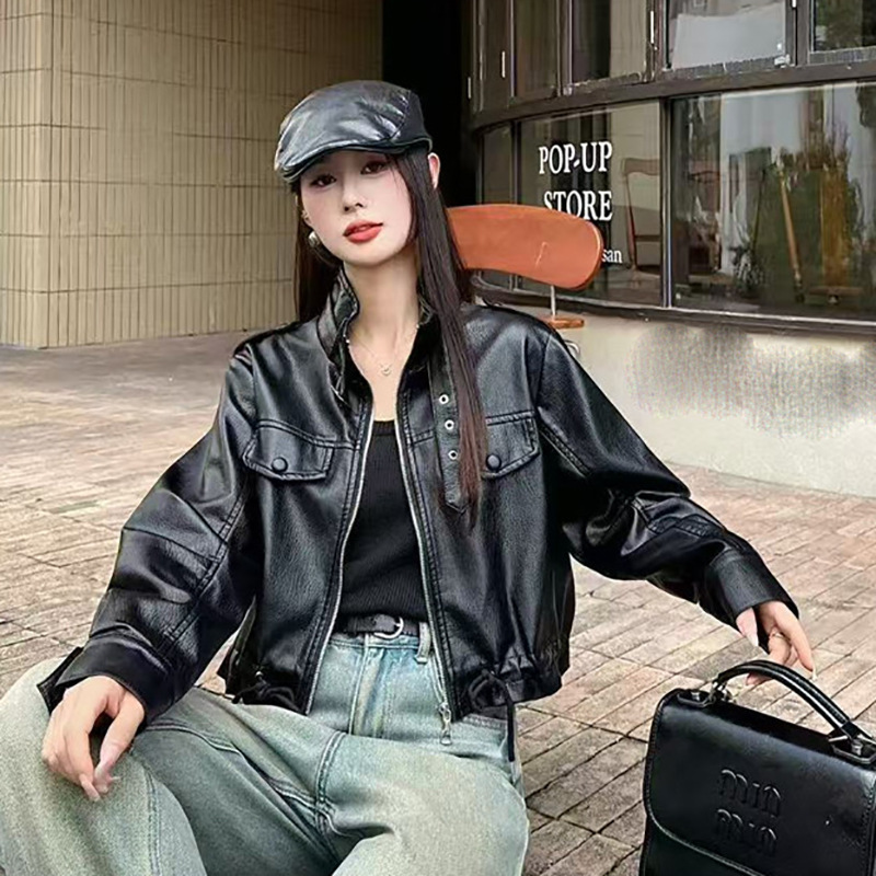高级感时尚短款酒红色皮衣外套女初秋新款设计感抽绳口袋工装夹克|undefined
