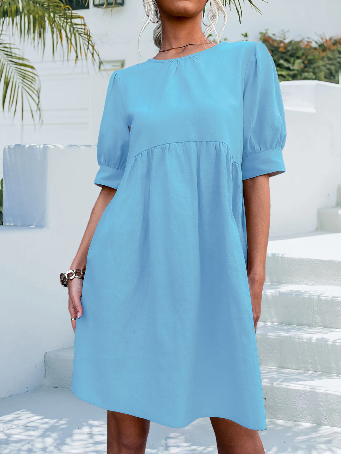 Spring Summer Arrival Solid Color Basic round Neck Button Puff Sleeve Dress