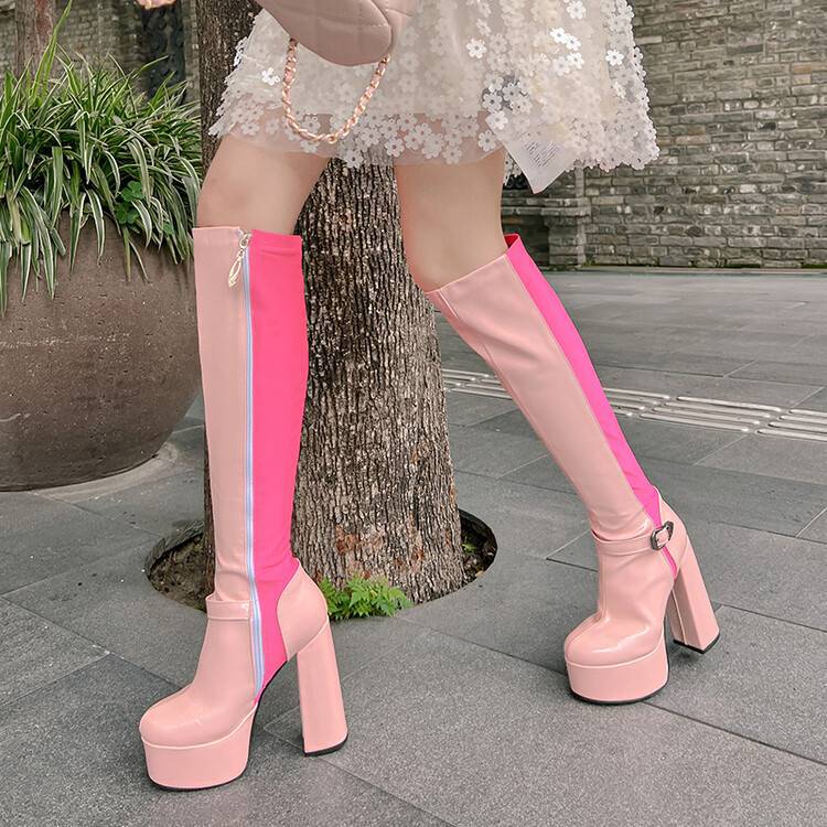 2024秋冬新款水台超高跟拼色女靴圆头侧拉链时装靴时尚性感欧美风