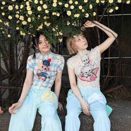 美式复古定制款辣妹风上衣女夏季褶皱薄款修身显瘦小众高级感T恤