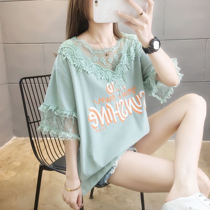 Plus-Size Lace Short-Sleeve T-Shirt for Women, 2026 Summer Fashion, Loose Fit, Age-Reducing, Stylish, Slimming, Patchwork Half-Sleeve Top
