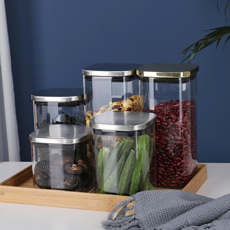 Square Stainless Steel Lid Transparent Glass Grain Storage Jar with Lid Snack Sealed Storage Bottle Household Sealed Jar