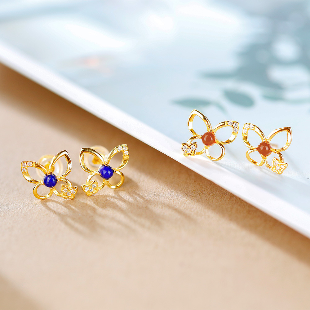 (2개) HUIBAOLI S  골드 도금 SOUTH RED AGATE LAPIS LAPIS LAPIS LAPIS 나비 할로우 우아한 여성 귀걸이 목걸이 세트