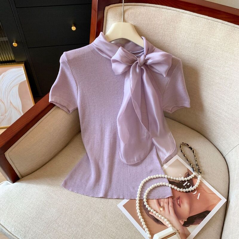 French-Style Bow Tie Collar Short-Sleeve Knit Sweater for Women, New Spring/Summer Pullover Versatile and Stylish Top