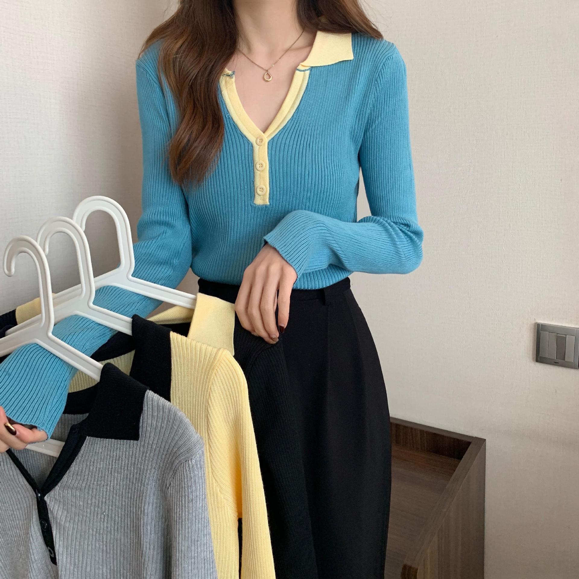 polo collar patchwork color contrast knit T-shirt women's early autumn design sense slim body with a slimming temperament commuter base shirt