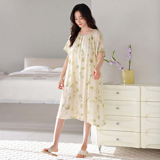 Nightdress dress Women's Gastrodia Loose Thin High-end Summer Short-sleeved Mid-length Dress with Chest Pad Home Clothes