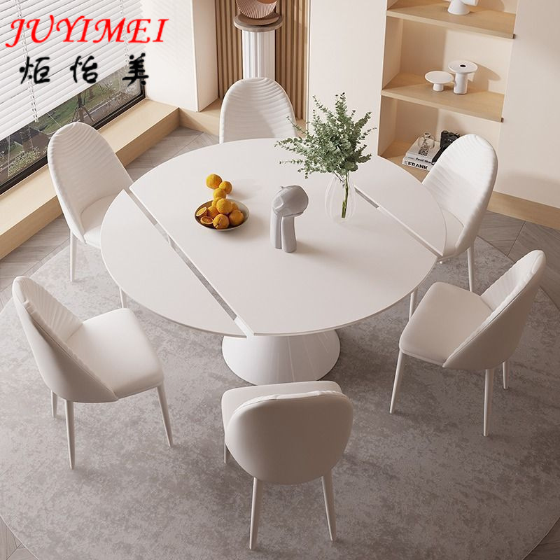 Rotating round rock plate dining table small apartment home Modern simple light luxury French cream wind retractable variable round table