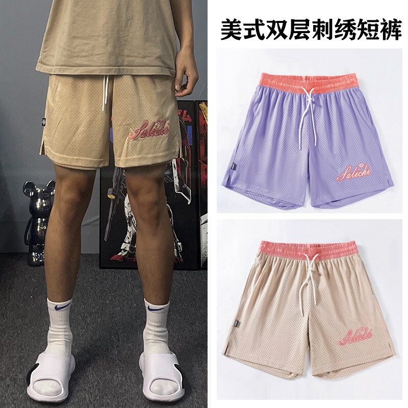 American Basketball Shorts Double-sided Embroidered High Quality Trendy Mesh Summer Loose Knee Fitness Running Three-point Pants