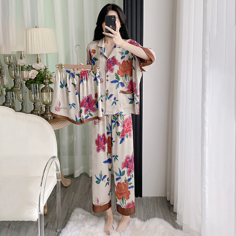 2025 Organza Pajamas Women's Short Sleeve Trousers Jacquard Double-Sided Printing Three-Piece Set Home Clothes Can Be Worn Outside