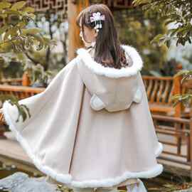 胖mm300斤大码复古改良汉服汉元素披风宽松加绒连帽斗篷外套女冬