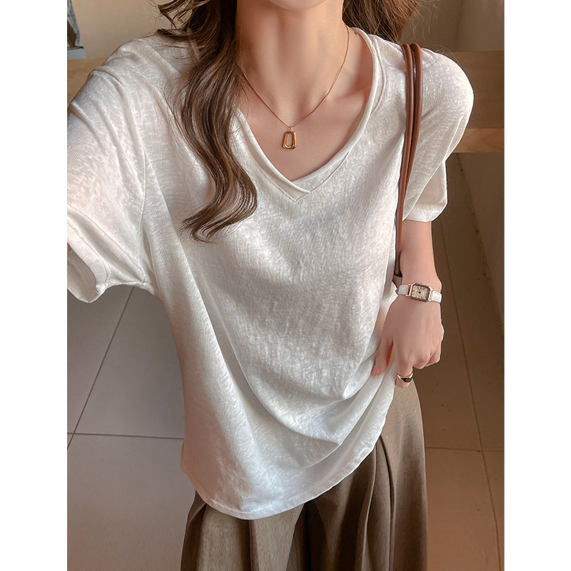 Summer V-Neck Snowflake Cotton Lazy Style Loose Shoulder-Drop Short-Sleeve T-Shirt for Women, Korean Version, Versatile Solid Color Casual Basic Top