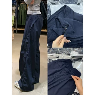 藏青色工装裤子女春秋新款高腰垂感显瘦阔腿裤小个子休闲风直筒裤