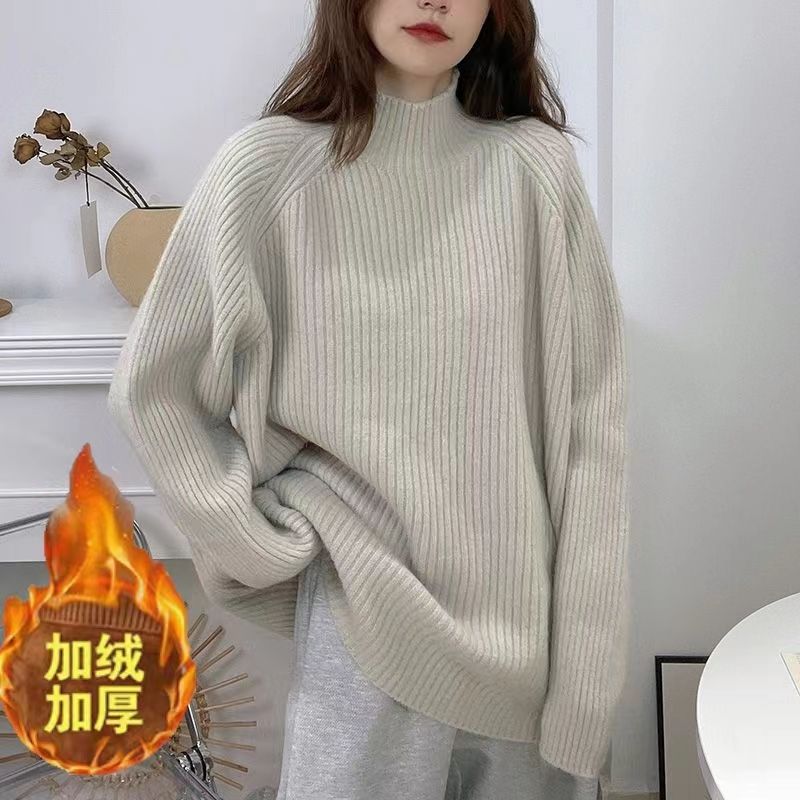 宽松慵懒风高领毛衣女加绒加厚韩版设计感针织衫秋冬新款百搭上衣