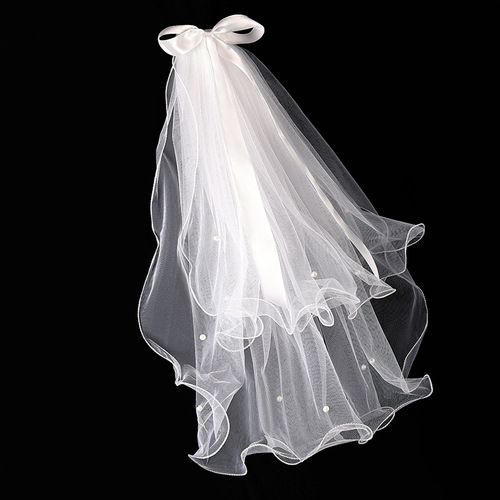 Bridal veil double-layered bow ceremonial curling nail pearl veil children's photo ribbon veil party event