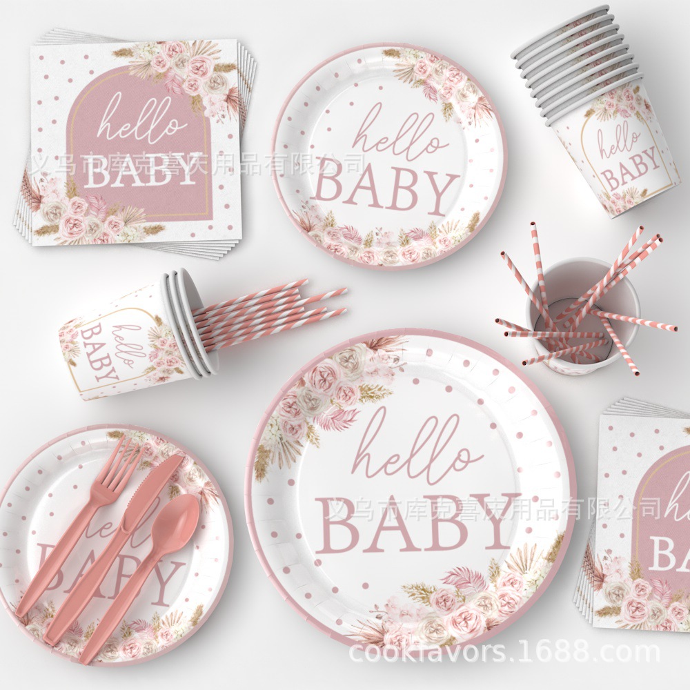 Nuevo plato de fiesta de bautizo de bebé bohemio rosa BABY plato de papel de cumpleaños taza de papel toalla de papel vajilla suministros
