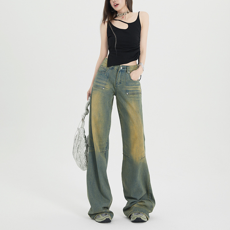 Licshe green mango water pattern style 2024 spring new casual street style wide leg jeans women's fashion brand mop pants