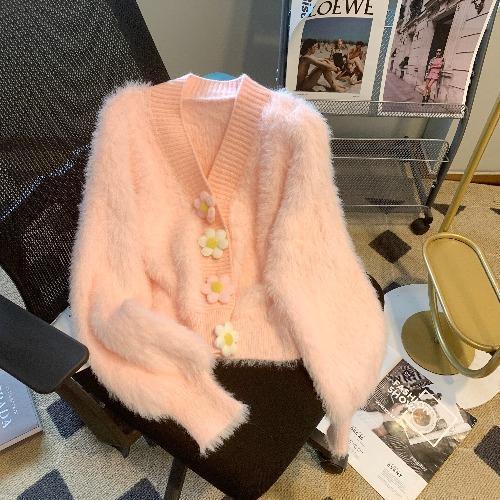 24 invierno Puyuan calidad dulce viento fresco dulce cardigan de cuello en V suelto camisa de estilo de mujer