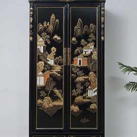 中式实木衣柜家用卧室复古榆木彩绘描金衣橱大容量高柜收纳柜现货
