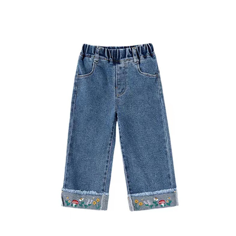 2024 Spring New Girls' Jeans Cute Casual Pants Western Style Embroidered Wide Leg Pants Children's Straight Long Pants