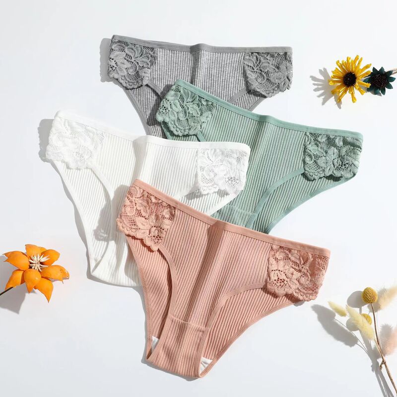 New Pure Cotton Thread Women's Briefs Solid Color Low Waist Lace Breathable Double Layer Girls' Panties Factory Direct Supply