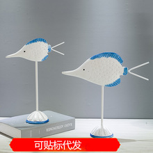 清仓蓝白铁艺对嘴鱼家居摆件工艺品 样板房办公室书房摆设装饰品