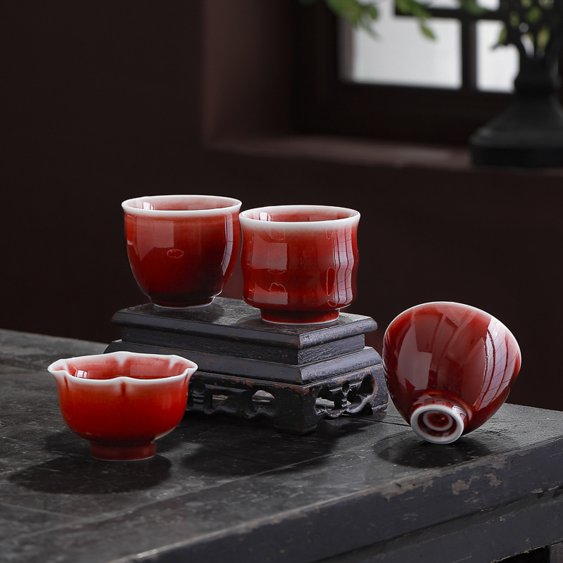 郎红釉红色茶杯手工陶瓷功夫茶具品茗杯高脚霁红单个女士主人单杯
