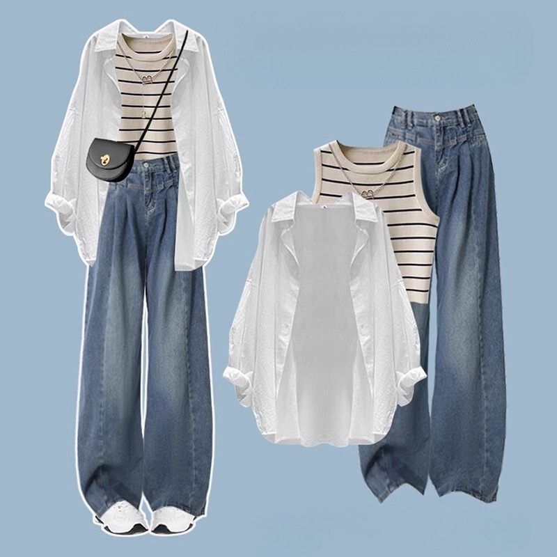 Plus-size fat girl's youthful and casual summer outfit: striped camisole shirt paired with denim wide-leg long pants Plus-size fat girl's youthful and casual summer outfit: striped camisole shirt paired with denim wide-leg long pants