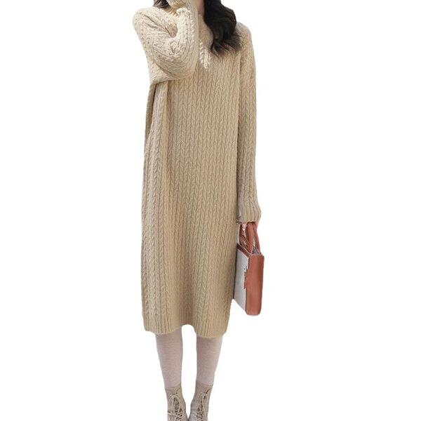 Long demi-season solid color sweater with a round collar