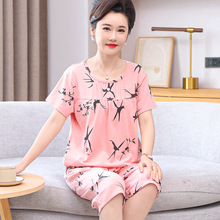 睡衣女夏季棉短袖中老年七分裤套装妈妈加肥加大码可外穿家居服