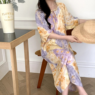 2025 New Style Cotton Silk Nightgown Women's High-Level Printed Short-Sleeved Long Dress plus size Thin Outer-Wearing Home Clothes