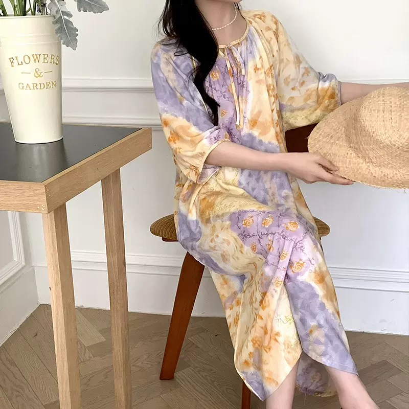 2025新款棉绸睡裙女士高级感印花短袖长裙大码薄款可外穿家居服