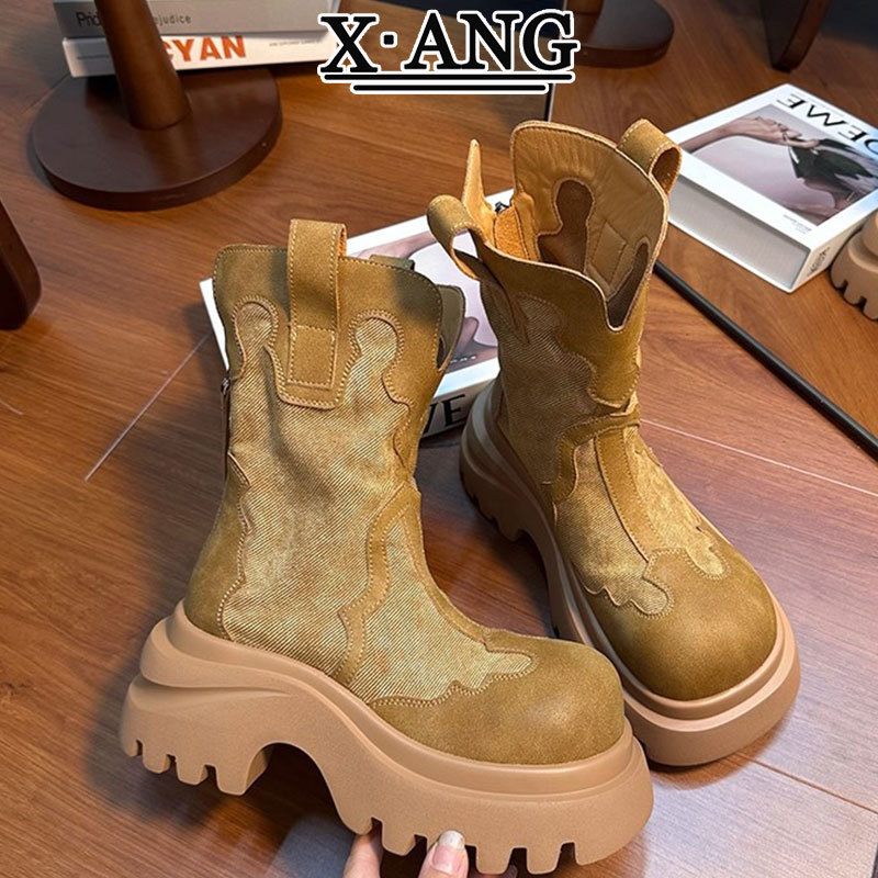 真皮马丁靴子女2025新款厚底增高小个子机车短靴烟筒靴机车大黄靴|undefined