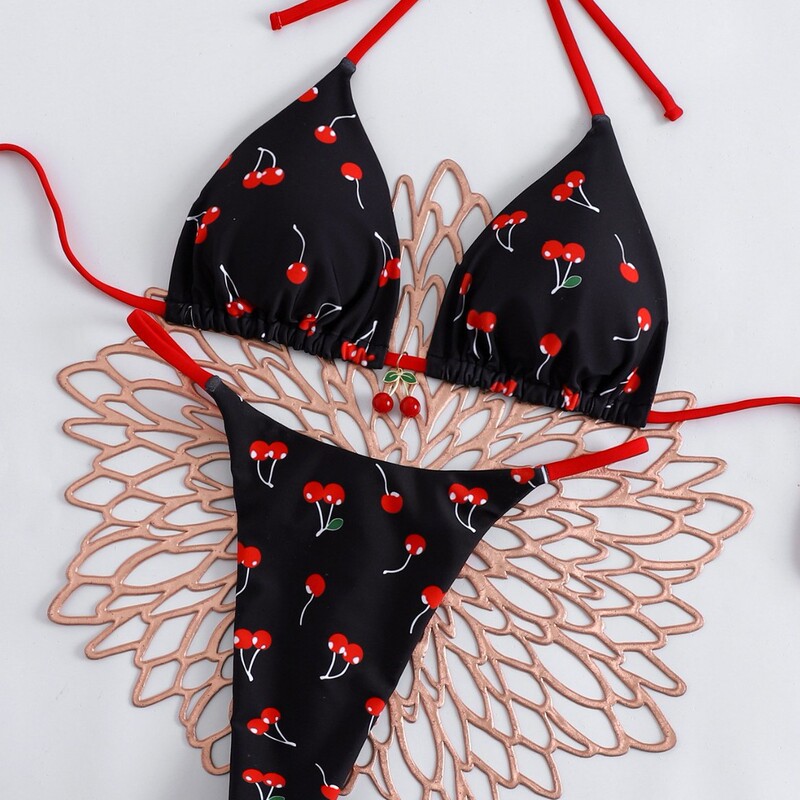 European and American Cross-Border Amazon Bikini Thong Swimsuit for Women, Two-Piece Halter Tie Cherry Bikini, Foreign Trade