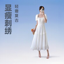 春夏长袖复古重工刺绣V领收腰显瘦可扎染白坯连衣长裙新品推荐